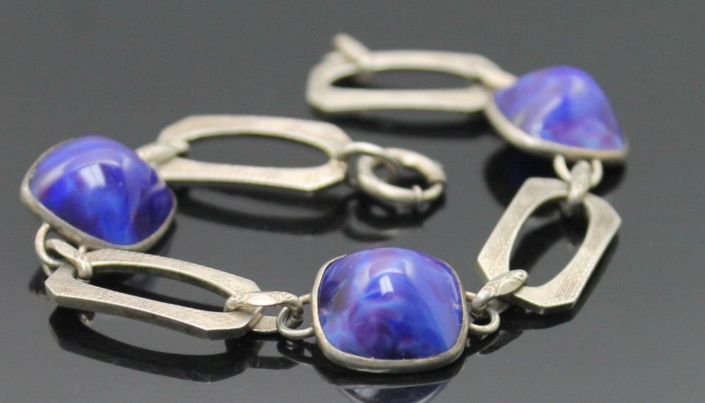 ADORABLE ANTIQUE ARTISAN STONE STERLING SILVER PANEL BRACELET SIZE 7"