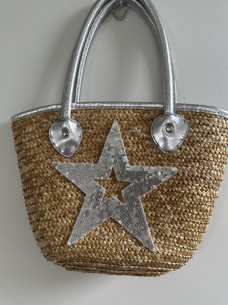 Straw Beach Bag With Silver Sequence Star
