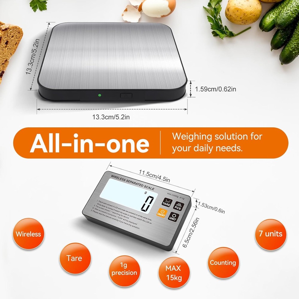 Wireless Digital Kitchen Scale, 33lb Split Design with LCD Display