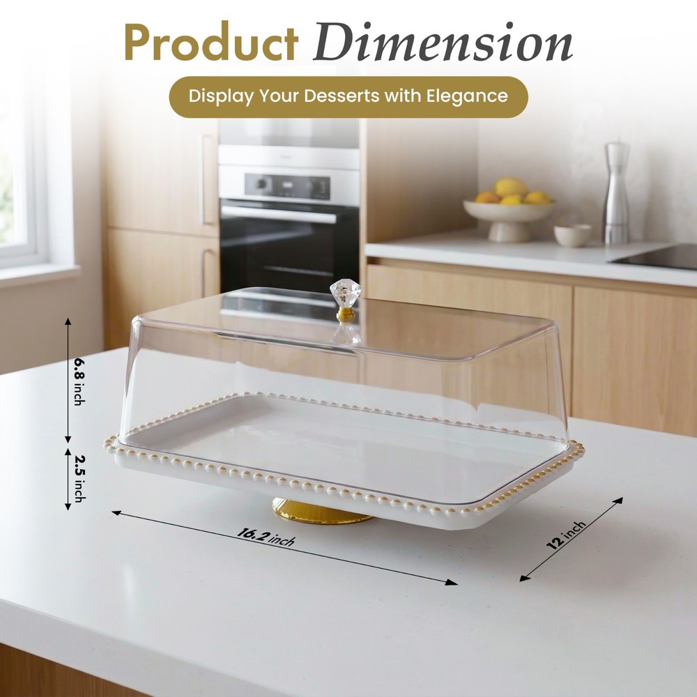 New Basicwise Plastic Cake Stand with Clear Flat-Top Cover and Gold Handles