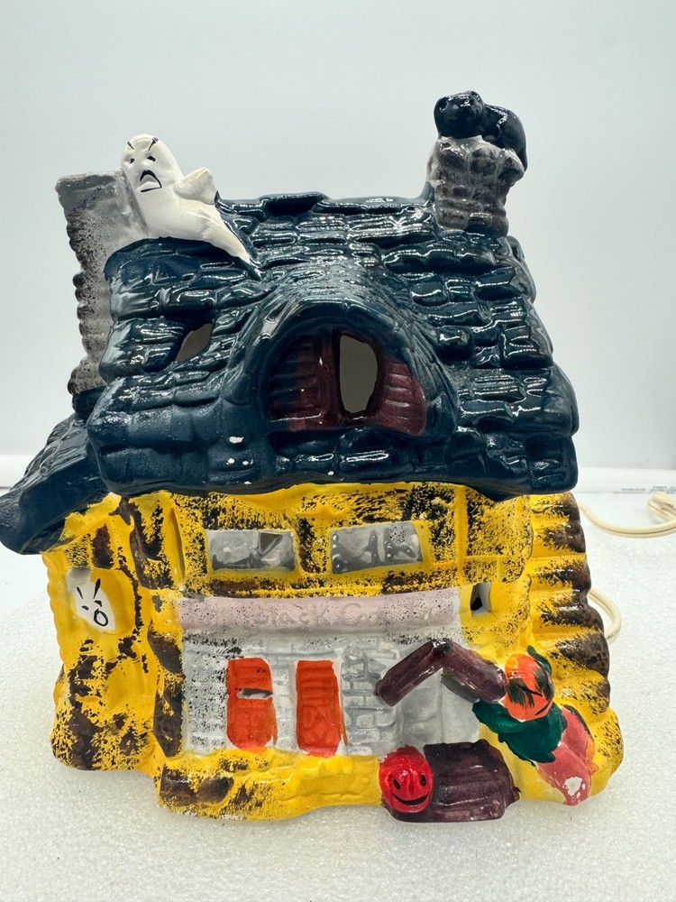 Earthenware Ceramic Lighted Haunted House Halloween Decor