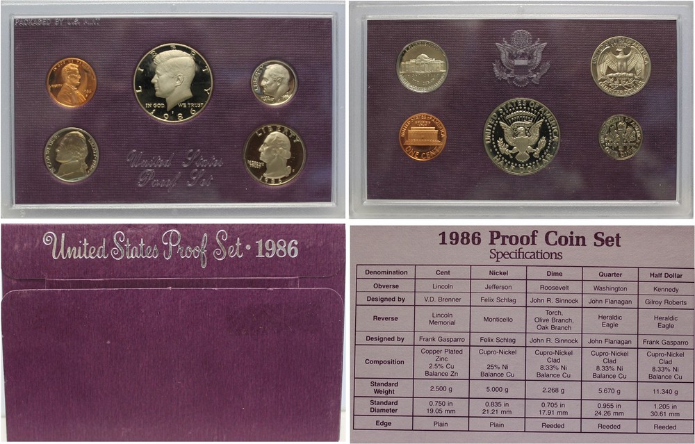 1986 Proof set CN-Clad Kennedy Half dollar Washington - (OGP) 5 coins