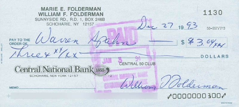 WARREN SPAHN - CHECK ENDORSED 12/27/1993