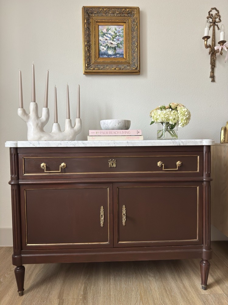 French Louis Style Marble Top Buffet Server Commode Entryway Table