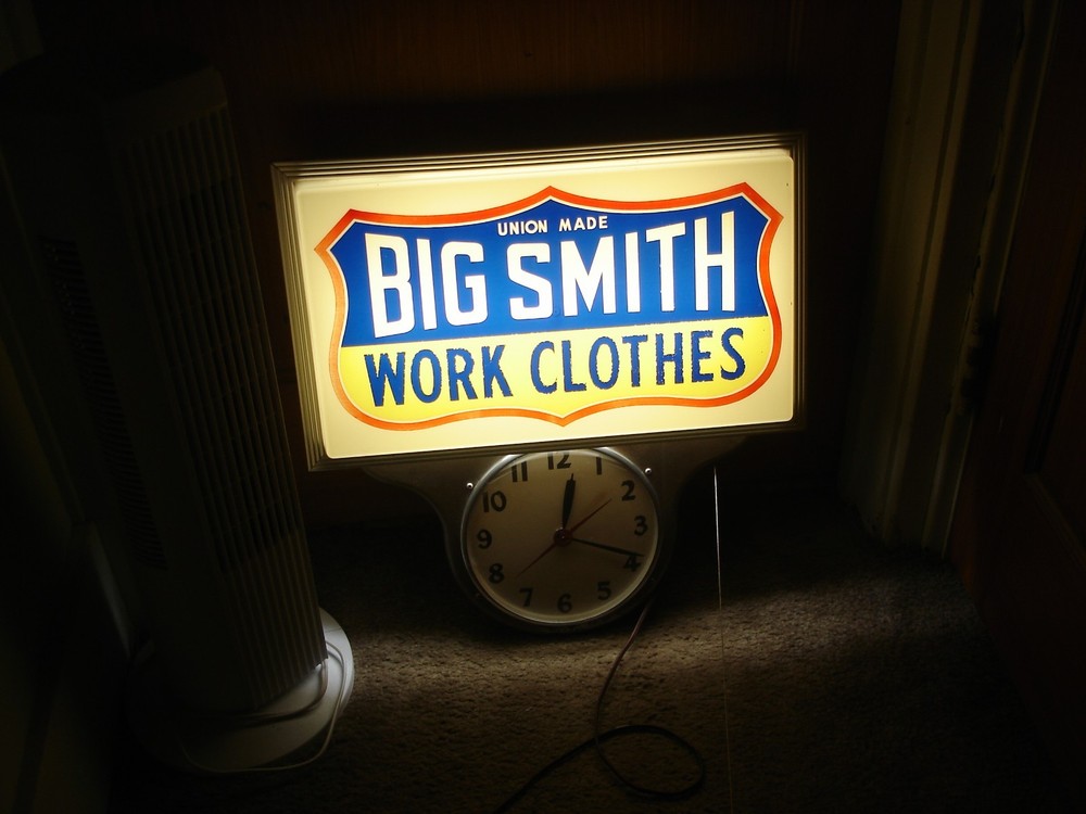 Vintage Big Smith Work Clothes Lighted Advertising Wall Clock Sign Clock Works