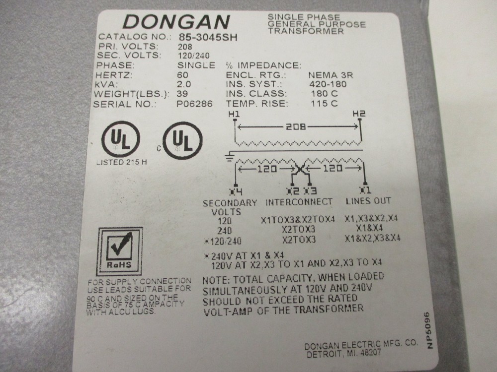 *NEW* DOGAN 85-3045SH TRANSFORMER SINGLE PHASE 208V