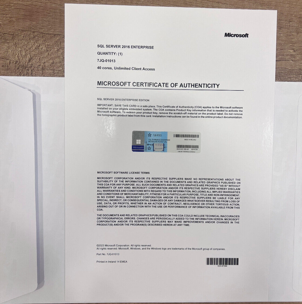 SQL Server 2016 ENTERPRISE 40 Core License Unlimited User CALs CoA Genuine Label