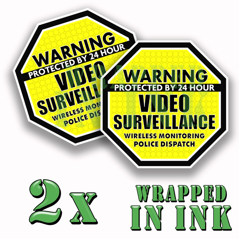 Warning 24 hour Video Surveillance Security Stickers YELLOW OCT. Decal 2 PACK