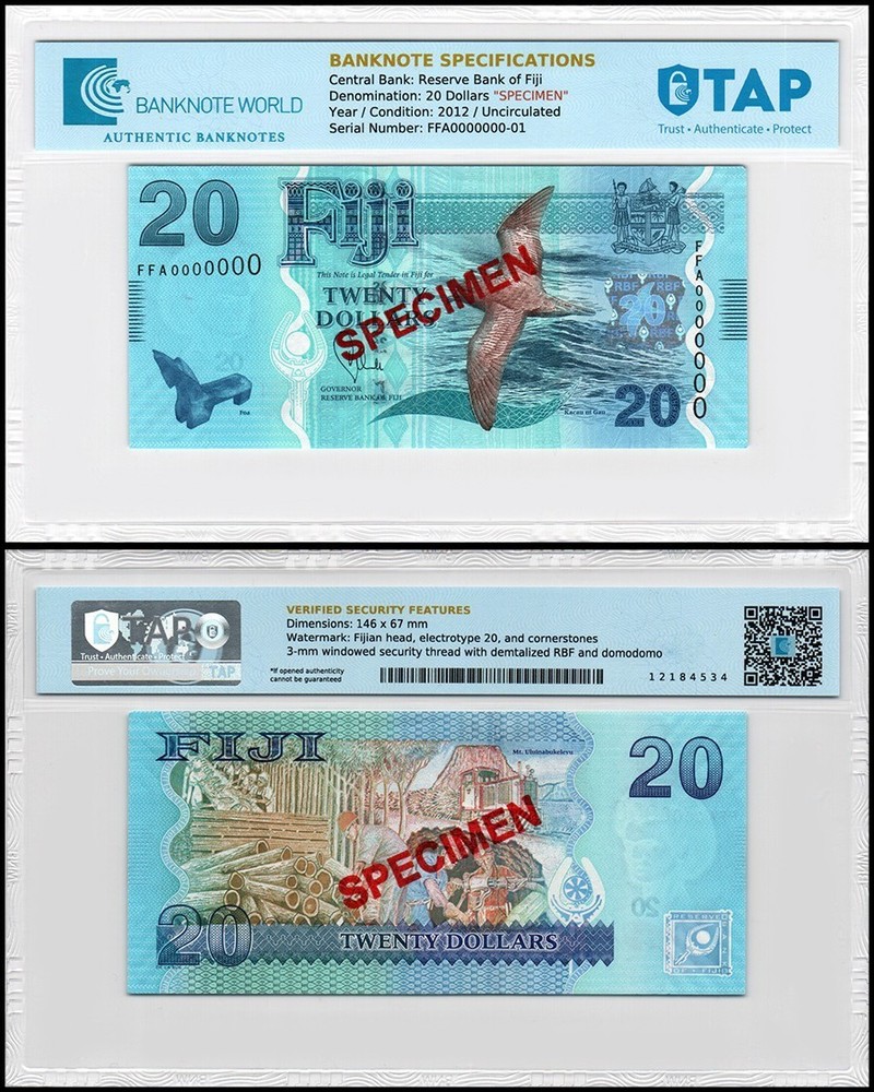 Fiji 20 Dollars, 2012 ND, P-117s, UNC, Specimen, TAP Authenticated