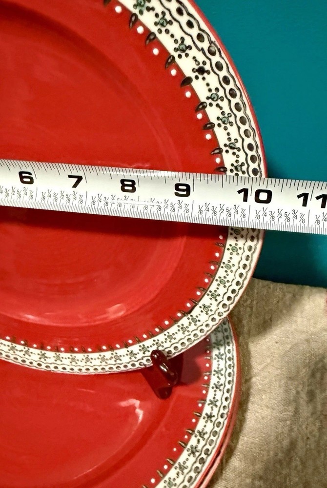 Three ANTHROPOLOGIE ELKA AYAKA Ceramic 10 1/4" DINNER PLATES RED EUC/ RET