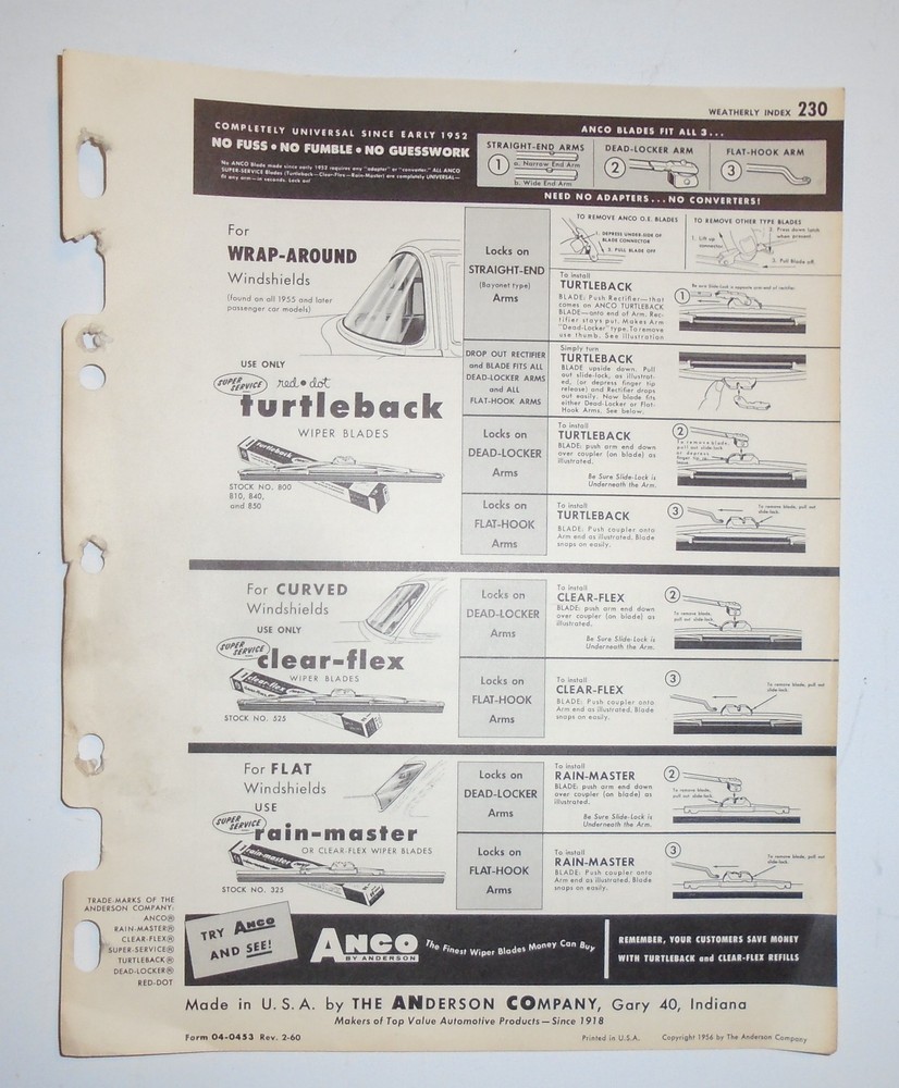 1960 ANCO Information sheet and cross-reference sheet Anderson Co