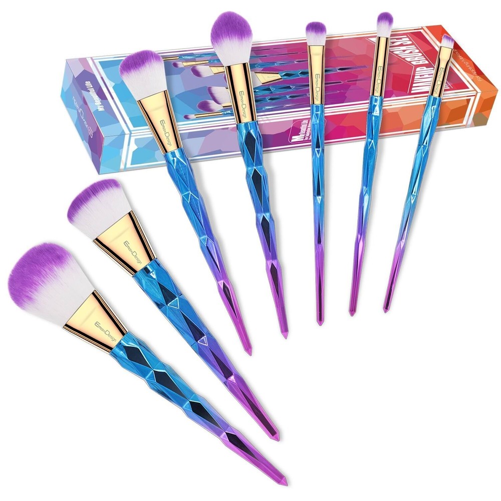 2-PACK Makeup Brushes 7 Pieces Colorful Diamond Pattern Purple & Blue EmaxDesign