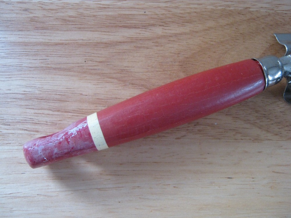Vintage EKCO A&J Pull-Through Kitchen Knife Sharpener with Red Wooden Handle