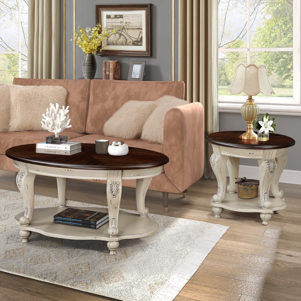 22'' Two Tone Round End Table,Solid Wood Sofa Side Table with Shelf,Living Roo