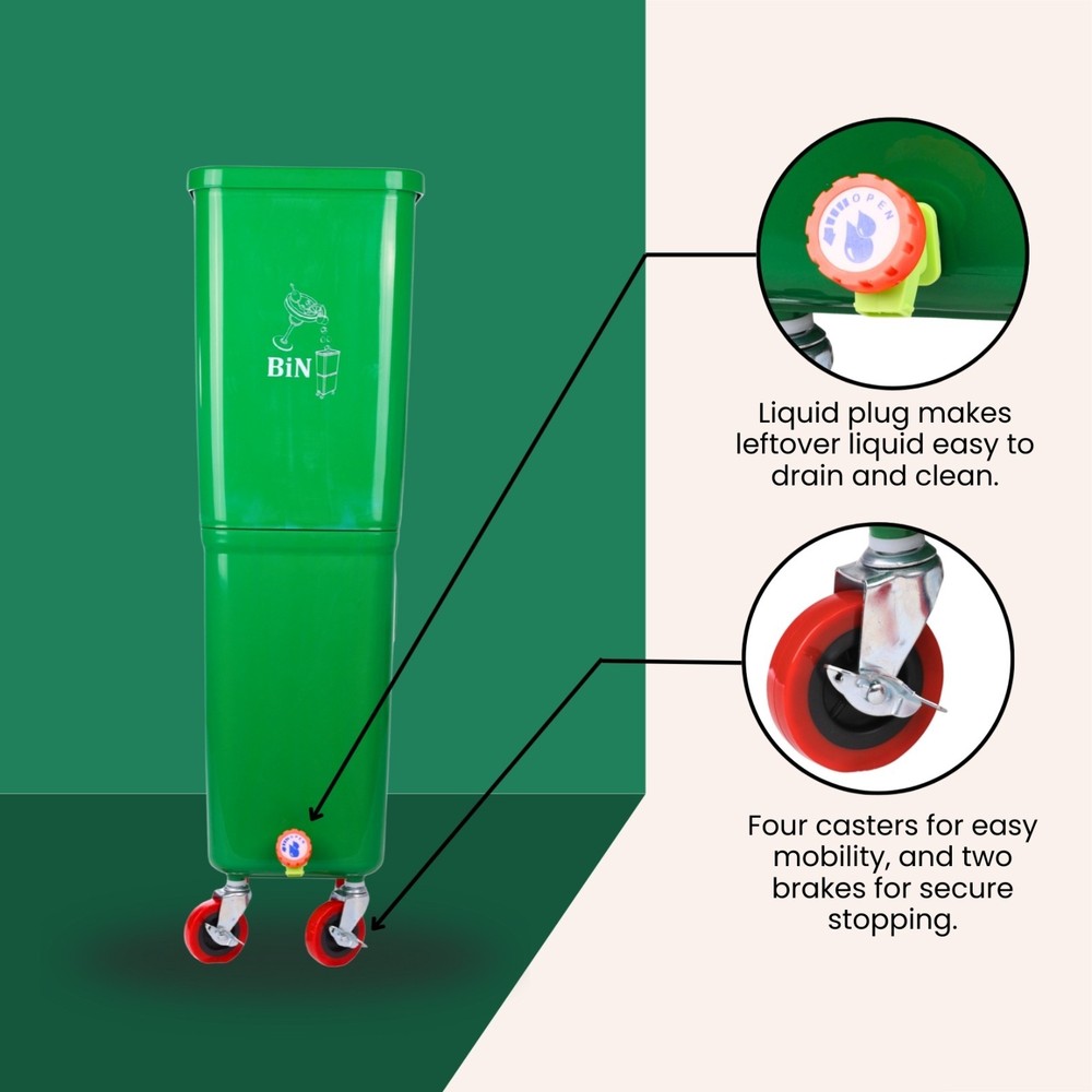 Green Drink Dump Bin w/ Wheels – Dual Compartment Liquid & Trash Disposal