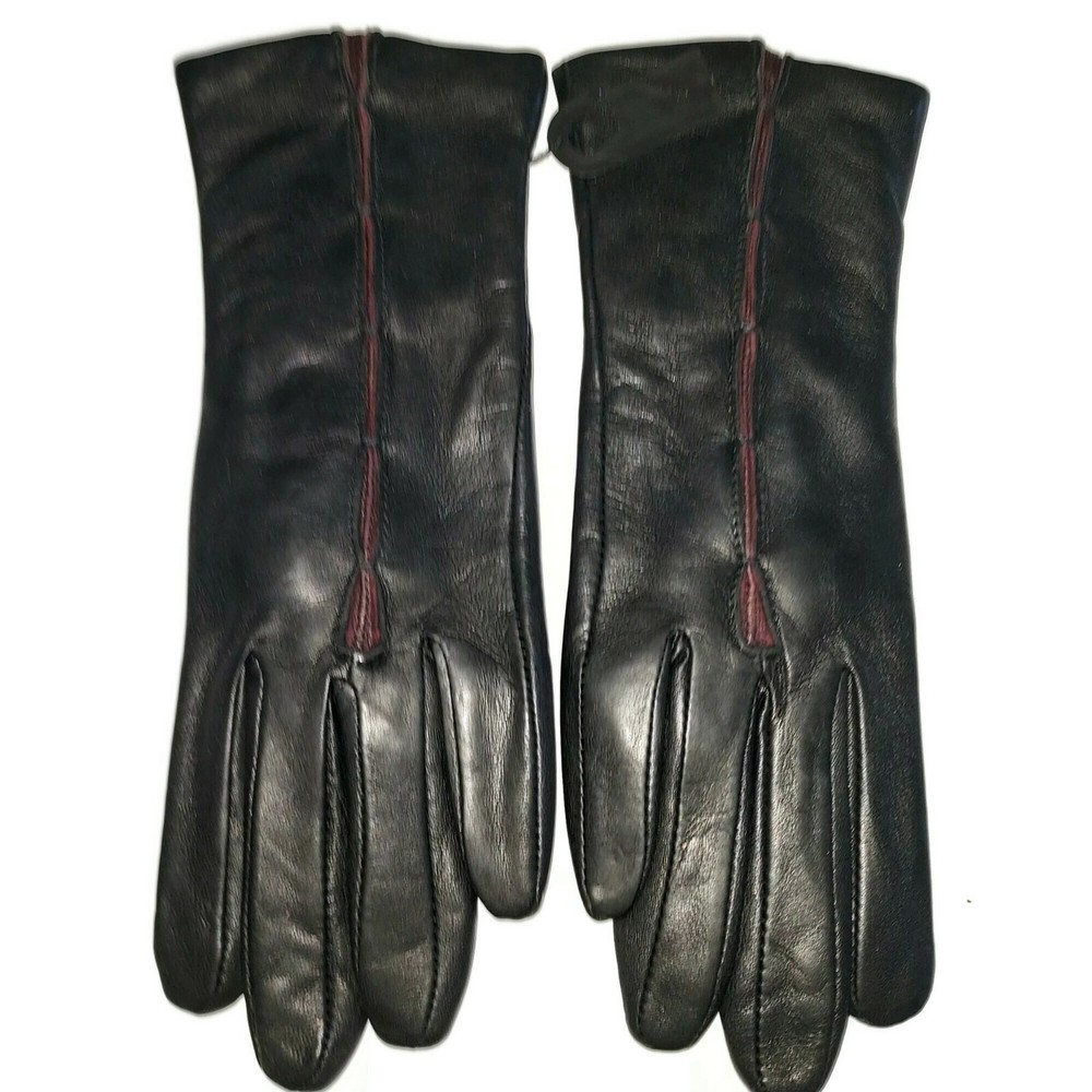 Women's Backhand Burgundy Insert Leather Gloves, Black, . Medium