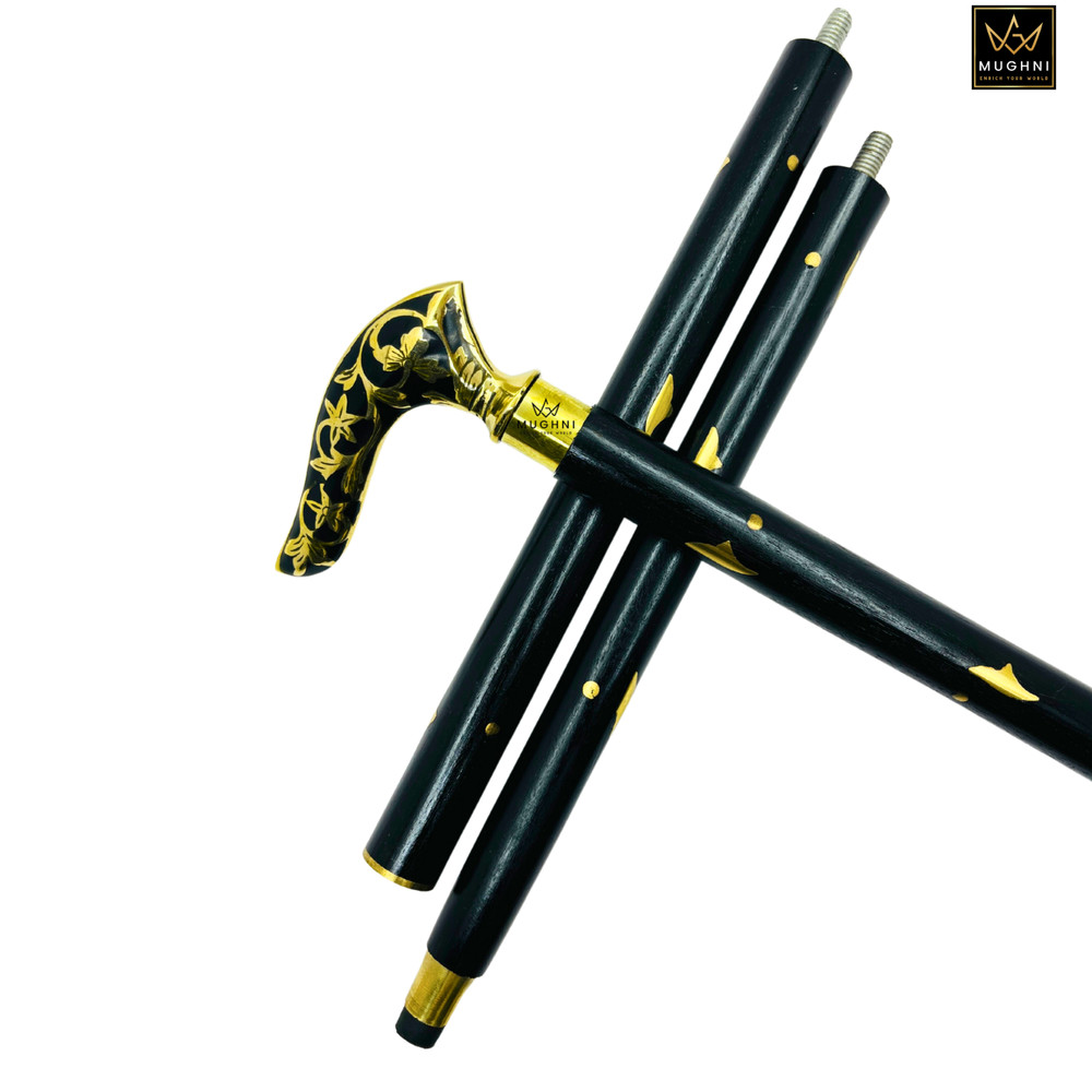 Walking Cane Foldable Brass Floral Handle Black Stick Mobility Gift Prop Use