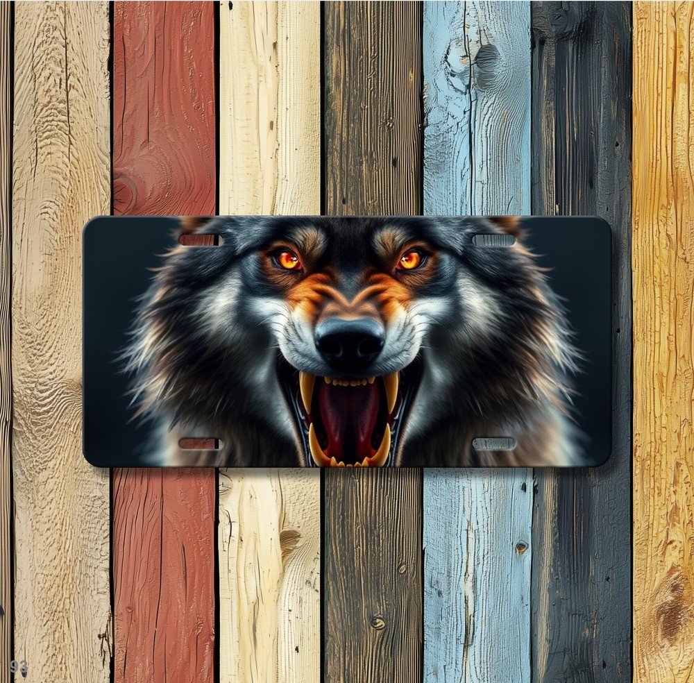 Hyperrealistic Wolf License Plate Fierce Expression Add Text Universal Fit Plate