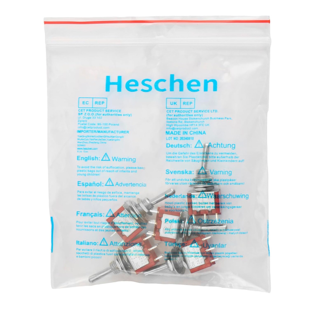 Heschen Mini Toggle Switch, MTS-223, (On)-Off-(On) Momentary Type, DPDT, 6 Pin,