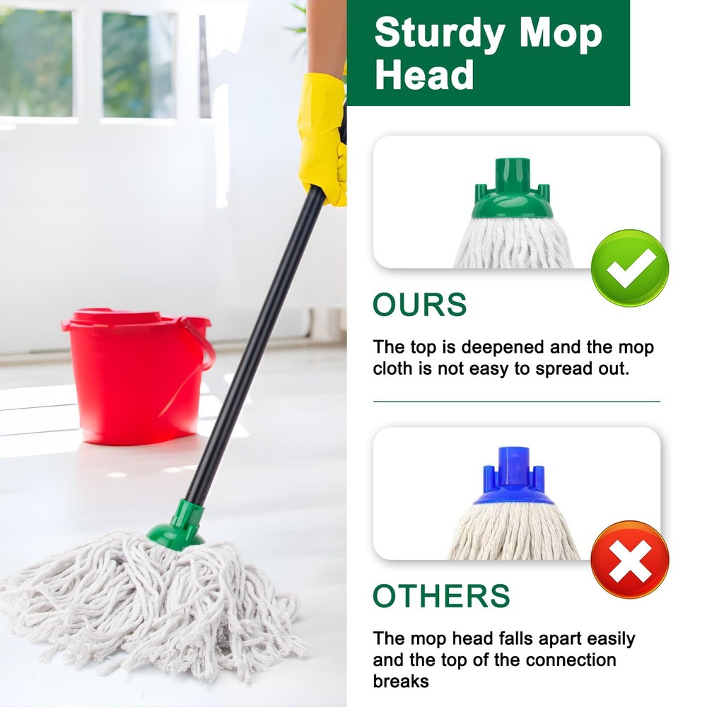 Cotton String Wet Mop 2 Heads Handle Floor Cleaning Replacement Refill Green