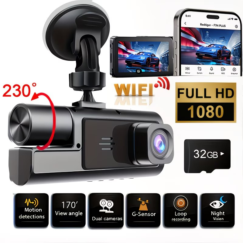 1080P Dual Dash Cam Front & Inside Car Camera IR Night Vision Loop Recording DVR