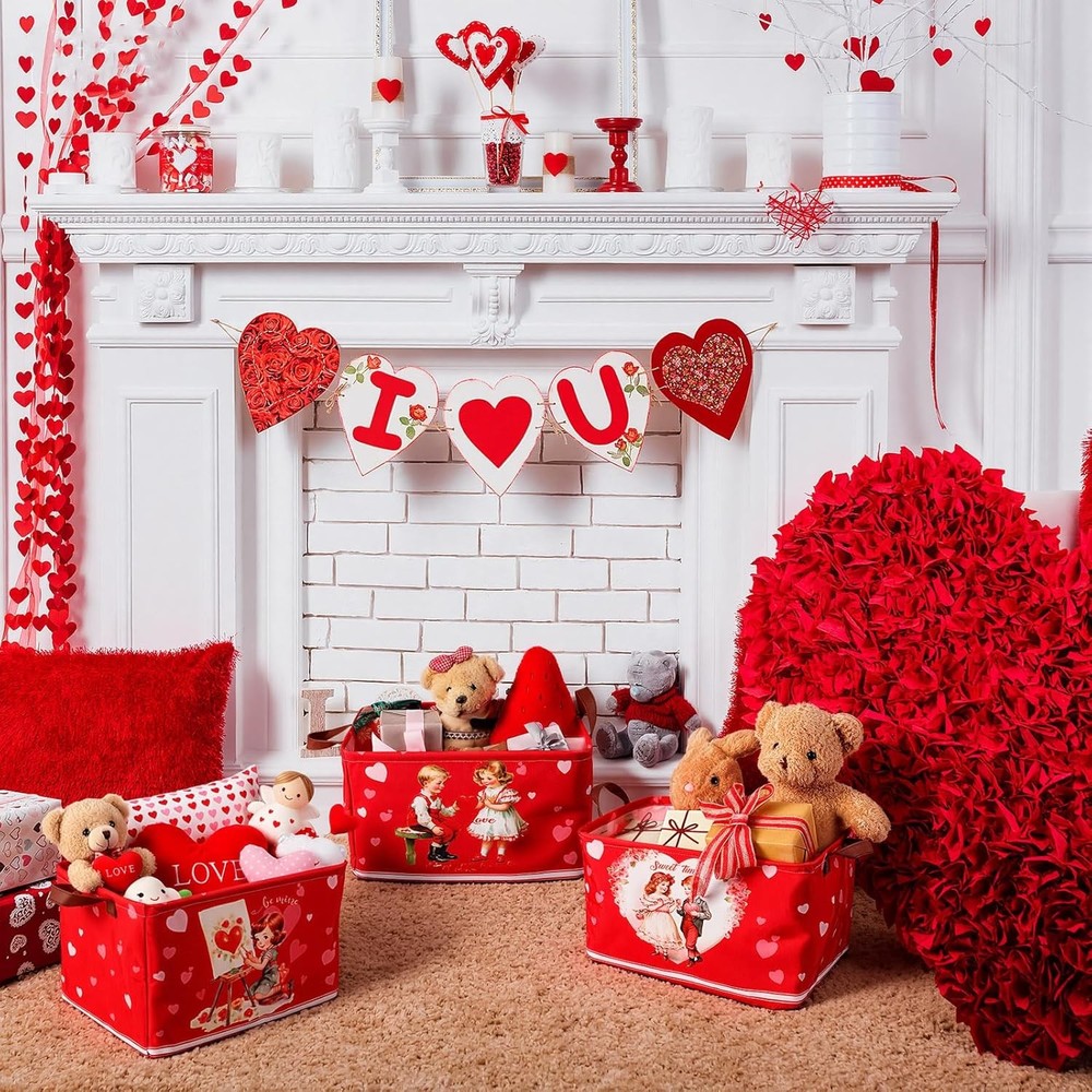 6 Pack Valentine's Day Storage Basket Collapsible Red