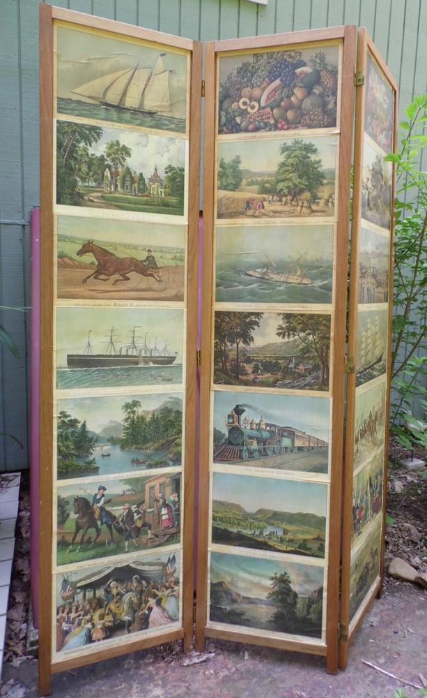Vintage 3 Panel Folding Room Divider Privacy Dressing Screen Currier Ives Prints