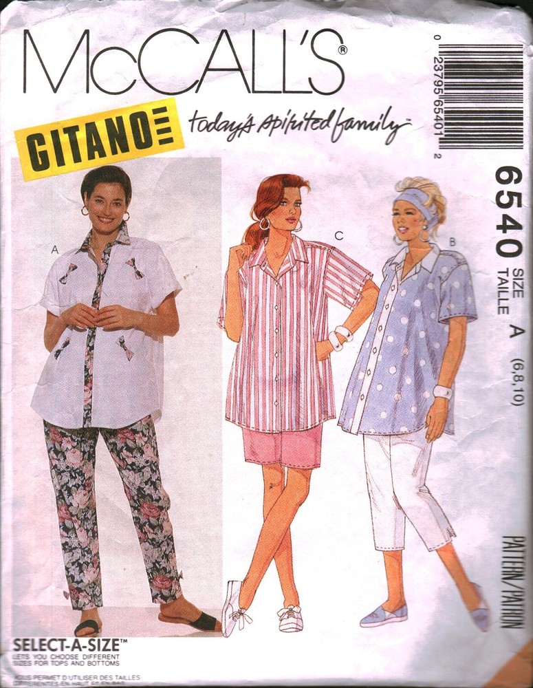 6540 McCalls SEWING Pattern Misses 1990s Maternity Shirt Pants Shorts Gitano OOP