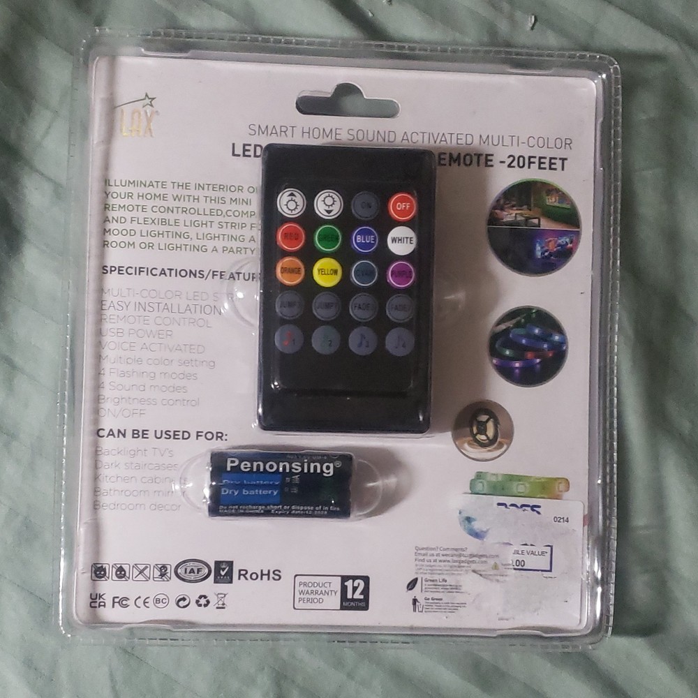 LAX LED Light Strip 20 ft Multicolor Sound Activated w/ Remote USB