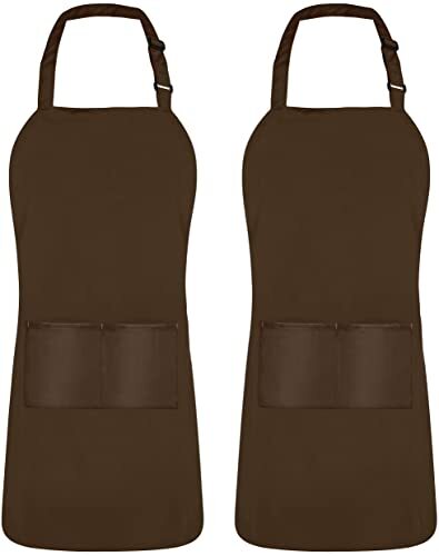 Brown Bib Apron with Pockets Adjustable Unisex Cooking Kitchen Machine Washable