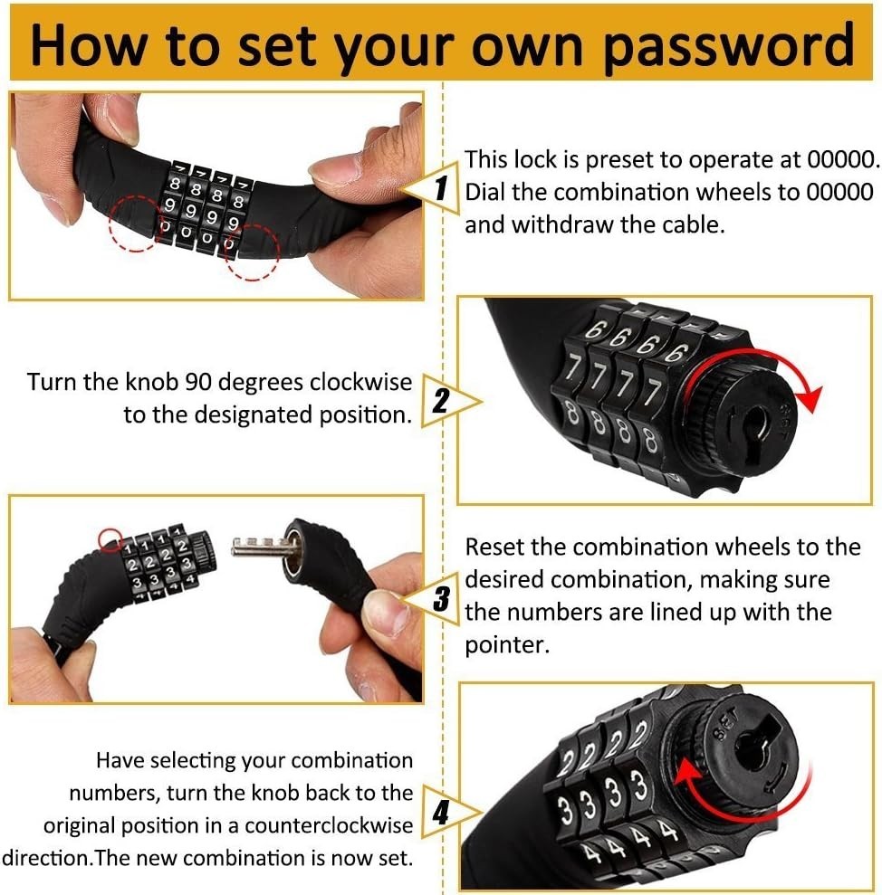 Compact 4-Digit Combination Lock - Strong Steel Cable for Bicycle Security, 2ft