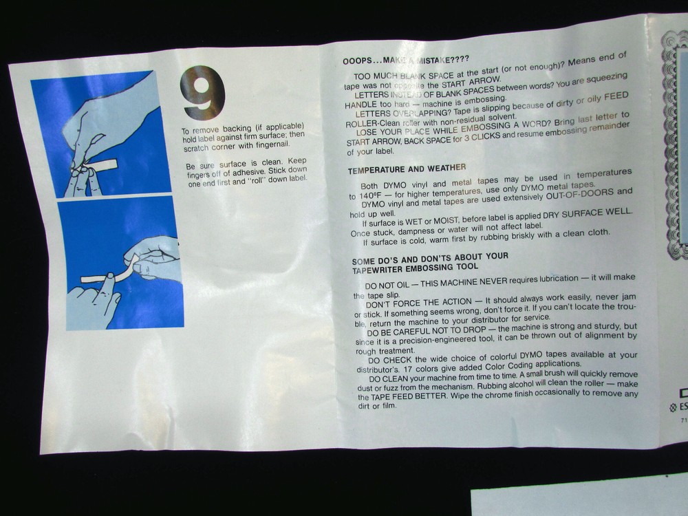 DYMO 1011 TAPEWRITER OPERATING INSTRUCTIONS Only