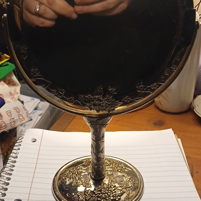 Ornate Brass Tabletop Vanity Mirror with Floral Design