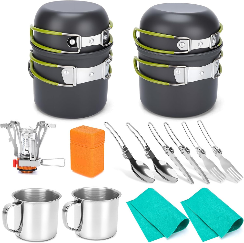 Camping Cookware Set, 16Pcs Lightweight Backpacking Mess Kit with Camping Pots a