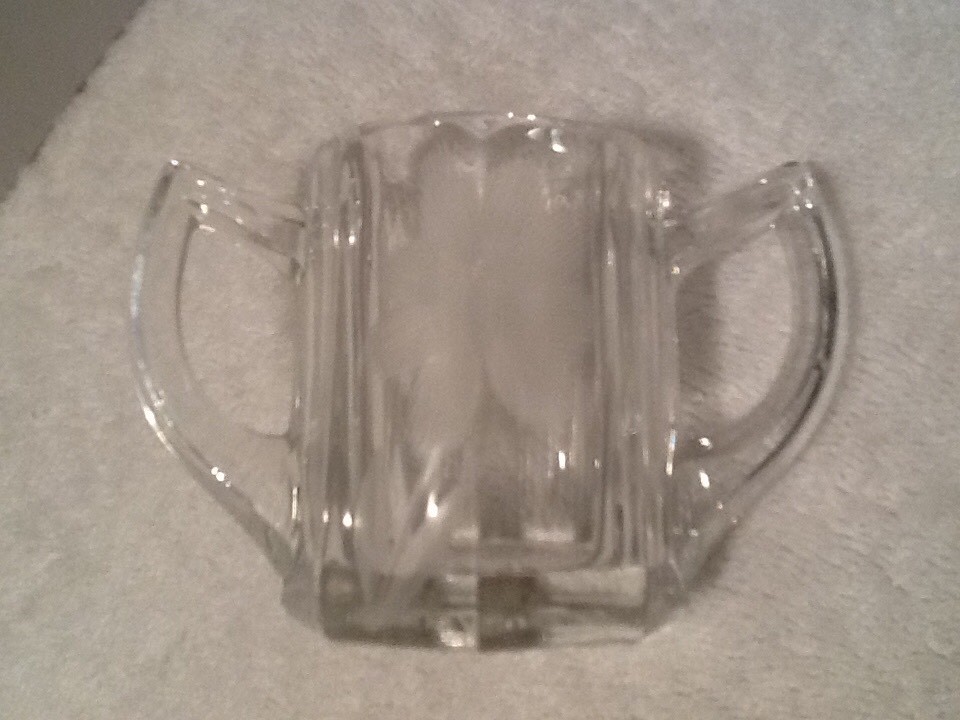 Glass Cut Two Handled Flower Etched Pattern Toothpick Holder