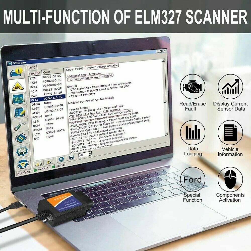 FORScan ELM327 OBD2 Car Diagnostic Scanner Adapter USB Code Reader For Ford