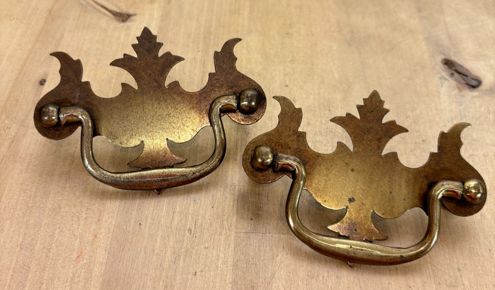 Pair Antique Brass Chippendale Style Batwing Drawer Pulls, 3.5"w