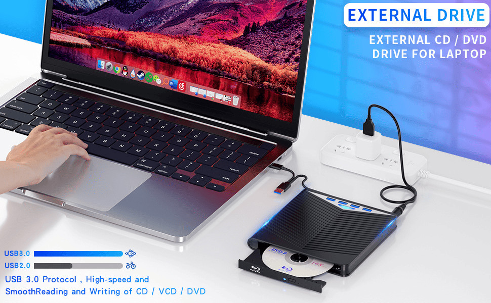 USB 3.0 External CD DVD Drive Burner Reader Writer PC Laptop Windows 11/10