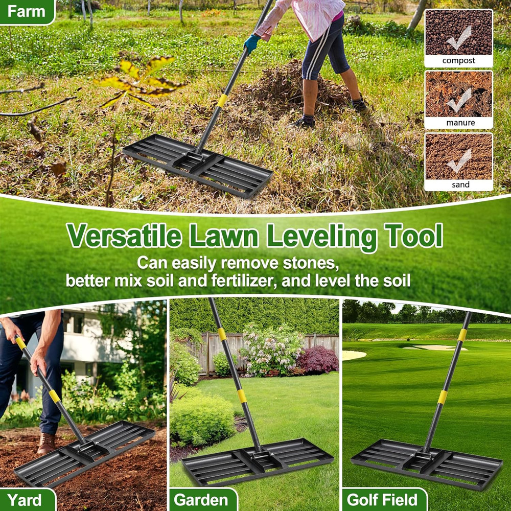 Lawn Leveling Rake, 30"X10" Levelawn Tool, 6FT Adjustable Handle Leveling Tool H