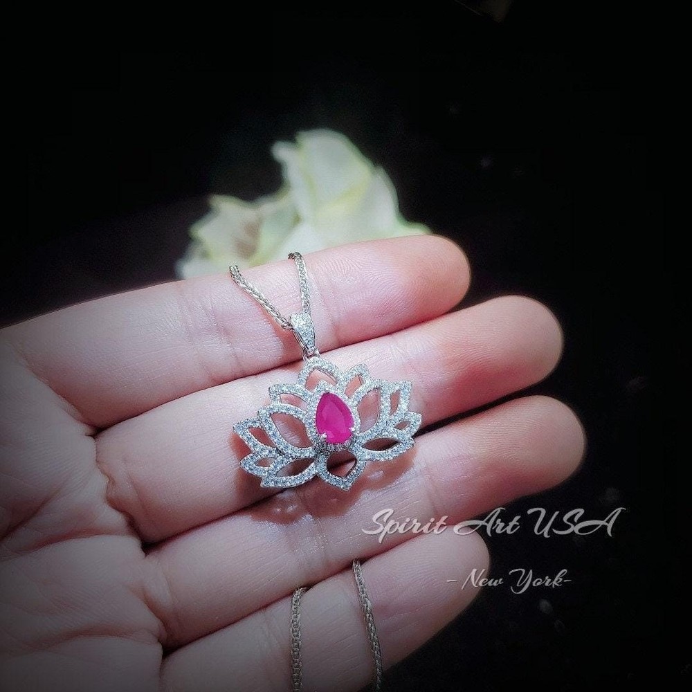 Ruby Necklace - Gemstone Lotus Flower Ruby Pendant - White gold @ Sterling