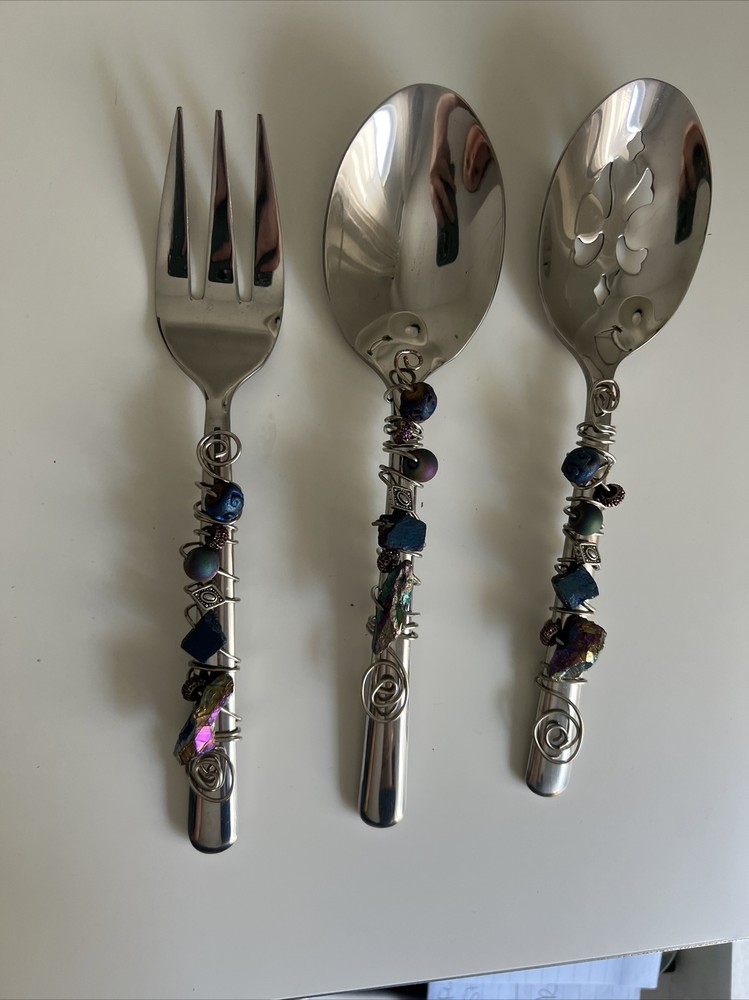Fancy Spoon Fork Serving Utensils Bead Rock Wire Wrapped Slotted Salad Gemstone