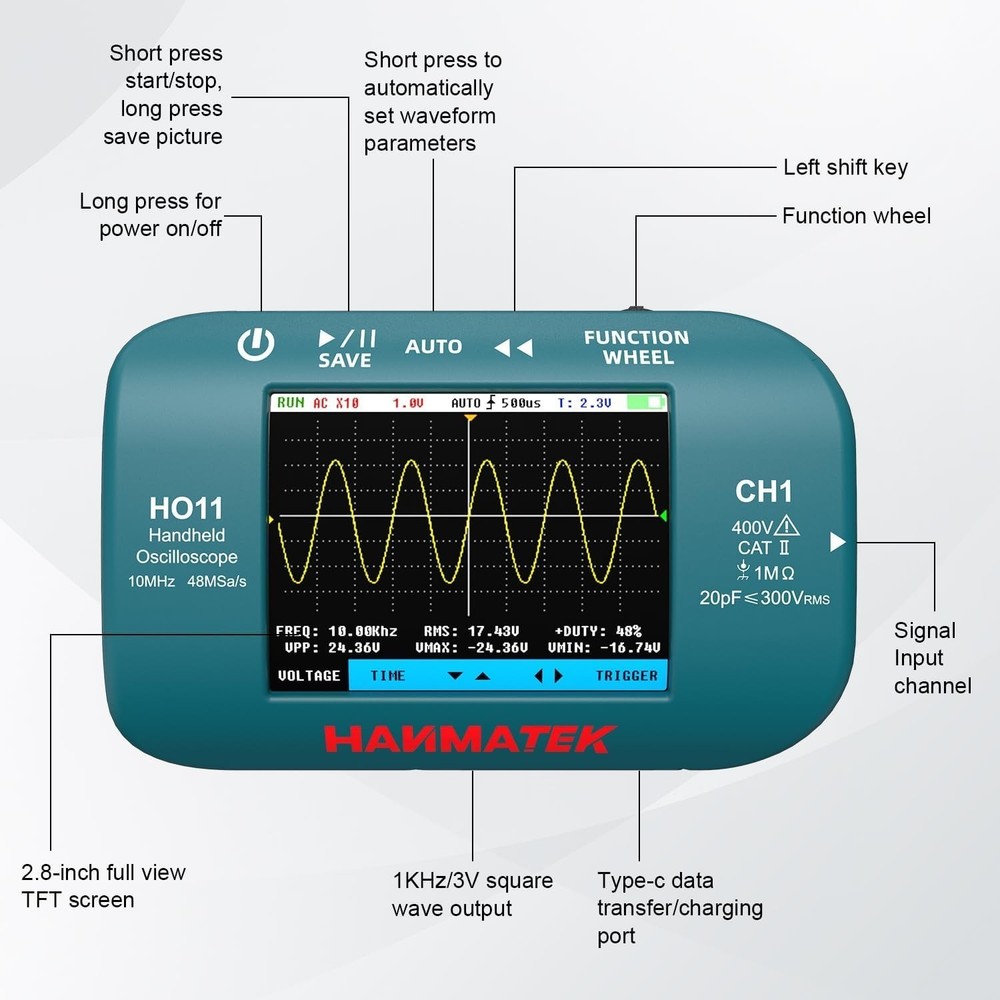 Handheld Digital Oscilloscope 10MHz Bandwidth 48MSa/s High-Precision Sampling
