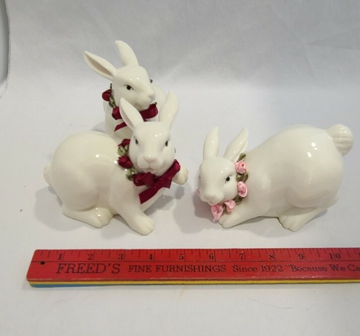 Easter Bunnies Bunny Rabbit White Ceramic Porcelain Figurines Tabletop Decor