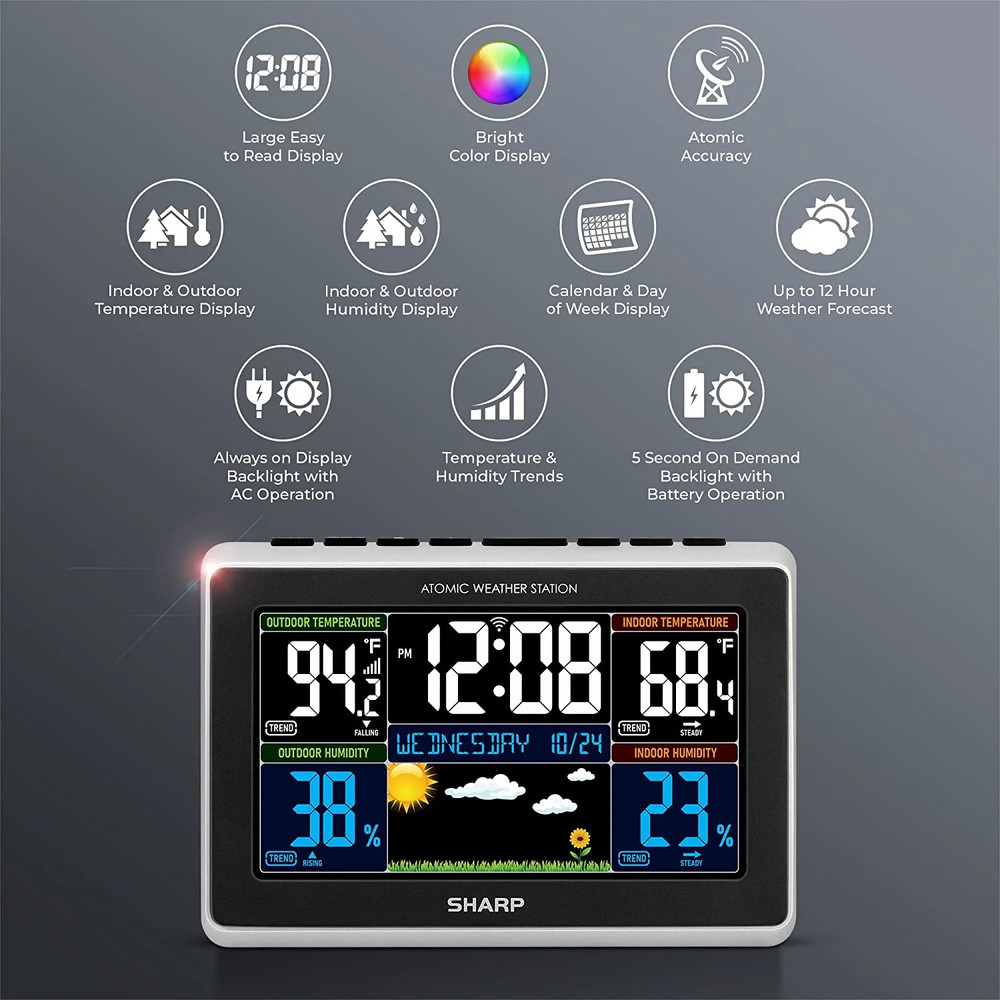 SHARP Atomic Weather Station Wireless Technology, 5-Function, w/ Outdoor Sensor