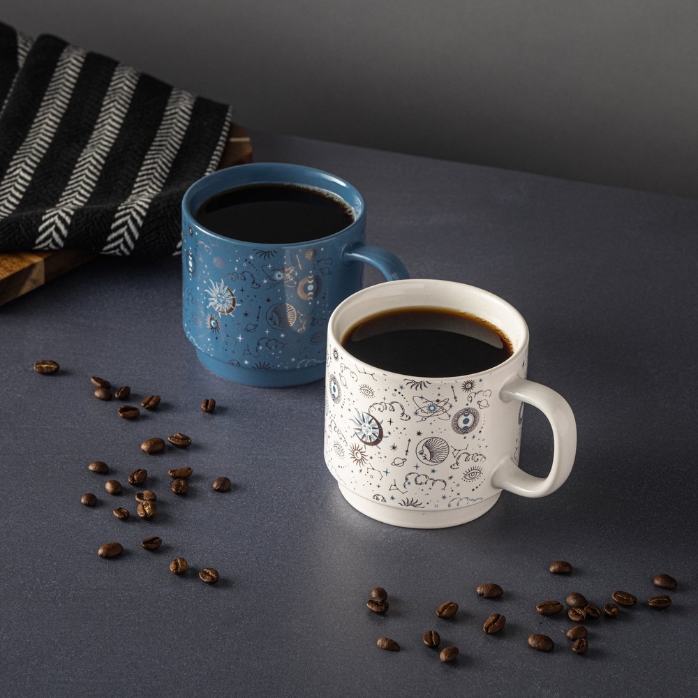 2 Pack Stacking Celestial White and Blue Mugs 14.2 fl oz, Stoneware