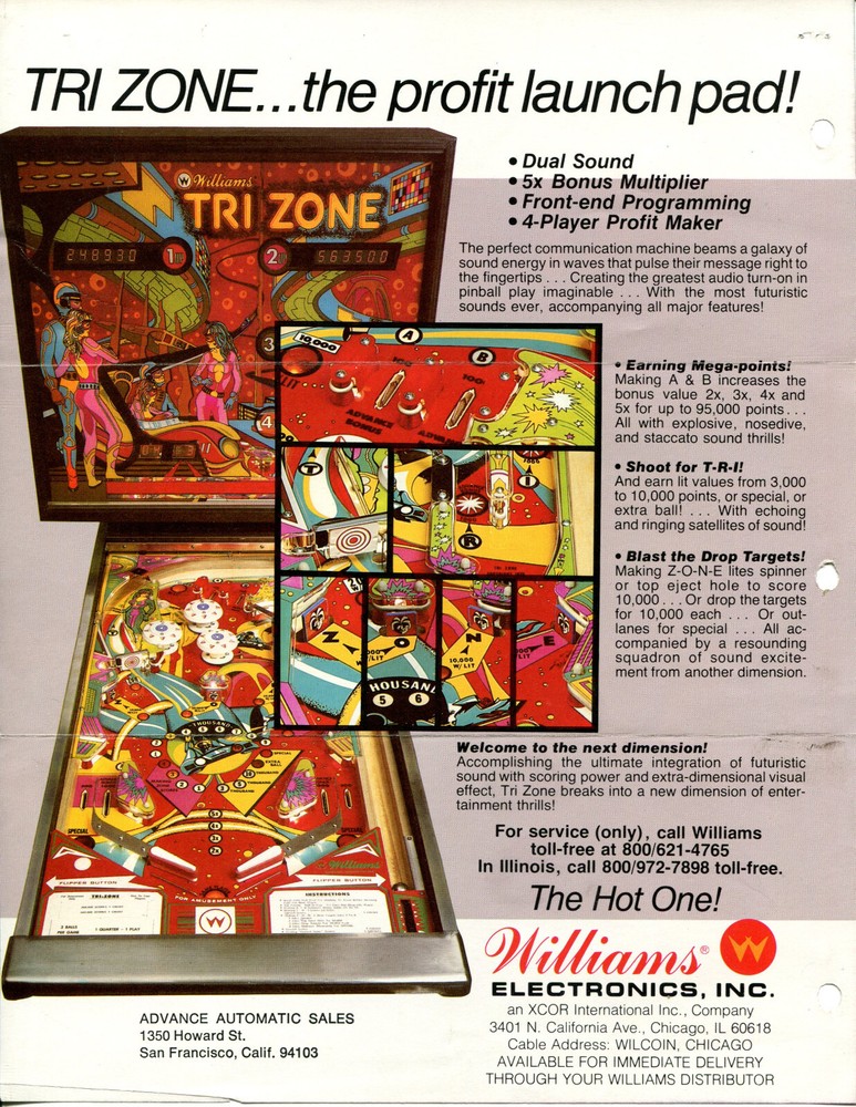 Tri Zone Williams Pinball Flyer / Brochure / Ad