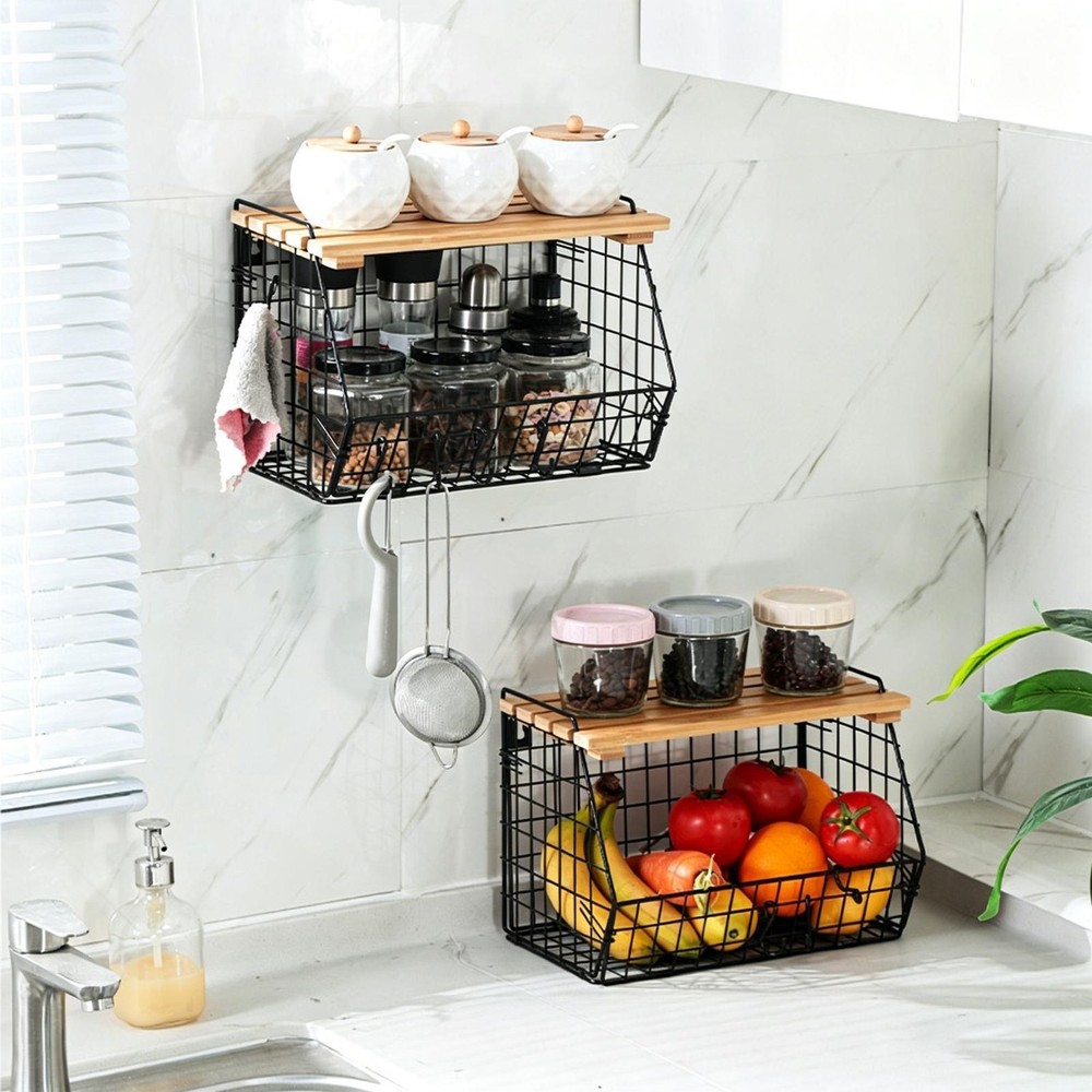Stackable Wire Basket with Openable Top, Kitchen Counter Basket