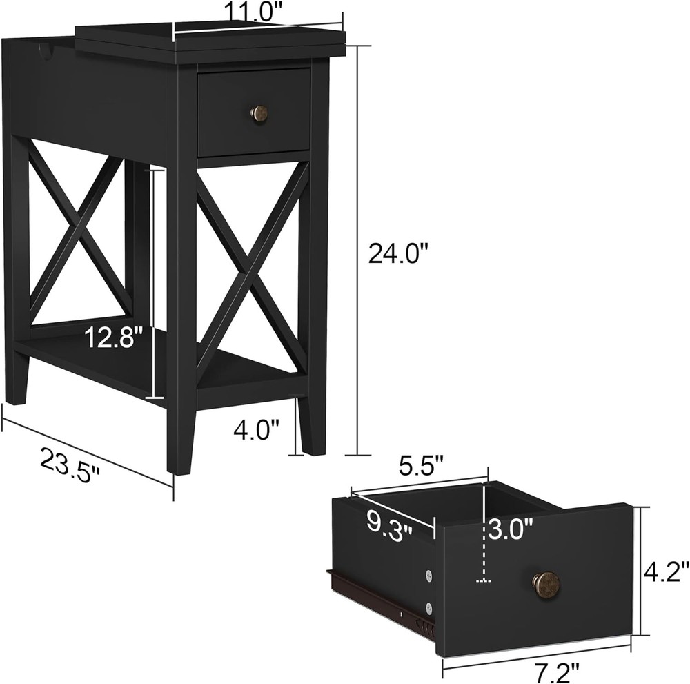 ChooChoo End Table, MDF Material Flip Top Narrow Table with Drawer, Black