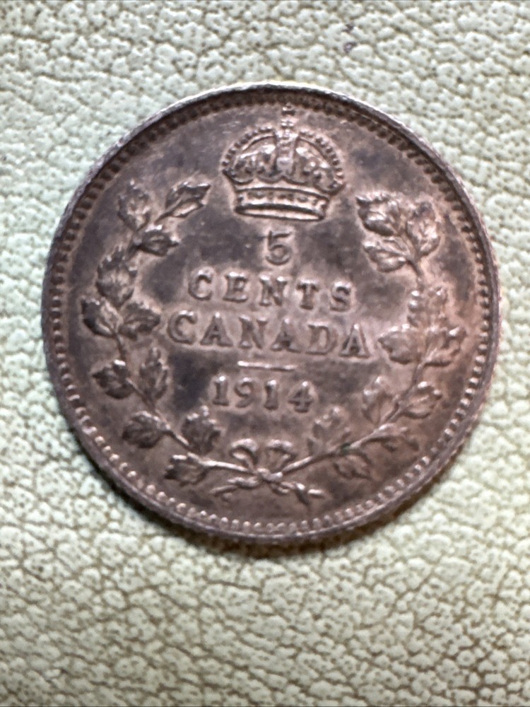 1914 Canada Silver Five Cents - Toned - Solid AU George V