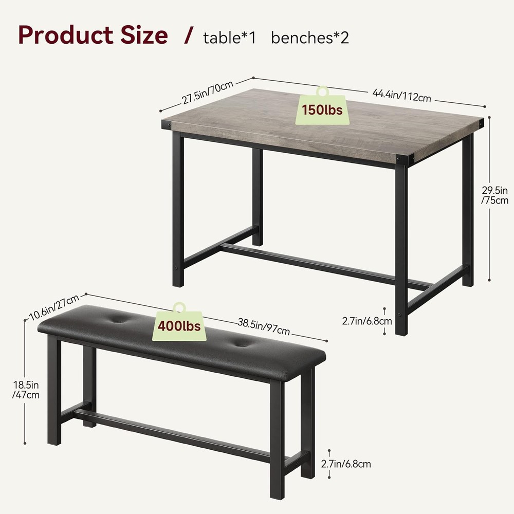 Dining Table Set 4 Kitchen Table W/ Upholstered Bench 3 Piece Rectangular Dining